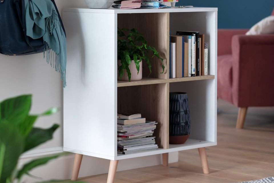 A Habitat Skandi deep shelving unit in white and oak.